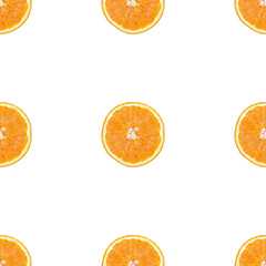 Seamless pattern of isolated slices of orange. Wallpaper for background, design and packaging.