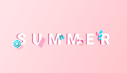 Summer letters with flippers for swimming, sun umbrella, surf board, inflatable ball and deck chair objects icons on a delicate pink background, top view, flat lay