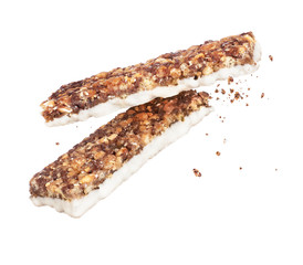 Energy cereal bars in the air isolated on a white background