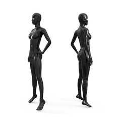 Female mannequin in black color. Set from the side view. Plastic mannequin for clothes and shop window decoration. 3d illustration isolated on a white background.