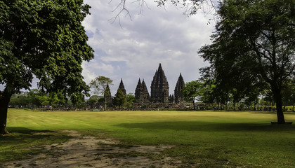 Fototapeta na wymiar Trees covering Prambanan Hindu Temple near Yogyakarta, Java island, Indonesia