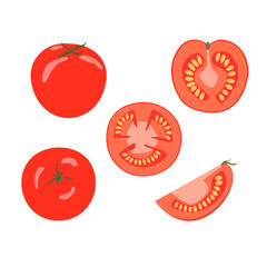 Set of fresh red tomatoes isolated on the white background. Half a tomato, a slice of tomato, cherry tomato. Vector stock illustration in the cartoon style.