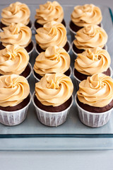 Ultimate chocolate dough cupcakes with peanut butter cream cheese frosting. Selective focus.