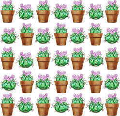 Fototapeta premium Watercolor cactus pattern. Illustration of a tropical garden in a watercolor style.