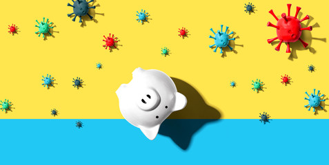 Upside down piggy bank with epidemic influenza and Coronavirus concept