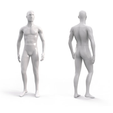 White plastic male mannequin for clothes. Commercial equipment for shop windows. Front and back view. 3d illustration isolated on a white background.