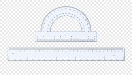 Realistic plastic ruler and protractor. Half circle plastic transparent protractor mockup. Cm and inches ruler. Vector illustration isolated on transparent background. - obrazy, fototapety, plakaty