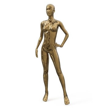 Standing mannequin of a female figure in chrome shiny color. Decoration for a shop window of fashion stores. 3d illustration isolated on a white background.