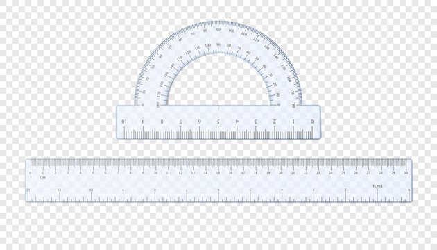 Realistic plastic ruler and protractor. Half circle plastic transparent protractor mockup. Cm and inches ruler. Vector illustration isolated on transparent background.