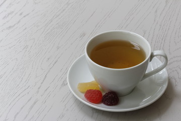 A Cup of tea and slices of marmalade on a saucer
