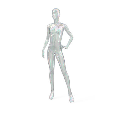 Glass transparent multi-colored female mannequin. Front view. Woman shaped soap bubble. Female invisible figure. 3d illustration isolated on a white background.