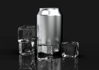 3D image of four silver aluminium cold cans and ice cubes