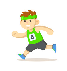 Funny boy wearing headband running. Sport and fitness. Colorful flat vector illustration, isolated on white background.