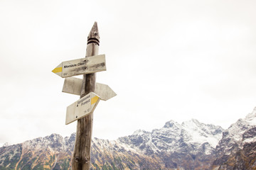 Signs, signpost of hiking trails in the Tatra Mountains in Poland