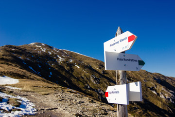 Signs, signpost of hiking trails in the Tatra Mountains in Poland