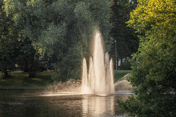Fototapeta na wymiar river fountain in the park on a summer evening