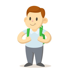 Smiling schoolboy with green backpack, cartoon character. Colorful flat vector illustration, isolated on white background.