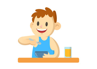 Smiling boy having a meal, cartoon character. Colorful flat vector illustration, isolated on white background.