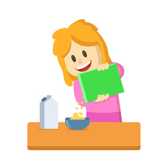 Funny smiling girl having cereals for breakfast, cartoon character. Colorful flat vector illustration, isolated on white background.