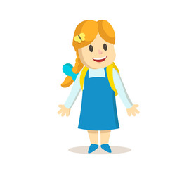 Cute smiling little girl in blue dress, cartoon character. Colorful flat vector illustration, isolated on white background.