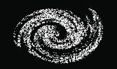 Swirl and spiral made of dots and particles. Graphic vector illustration of black hole in spacetime of helix galaxy.