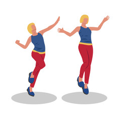 Young happy woman cartoon character dancing or jumping for joy, flat vector illustration isolated on white background.