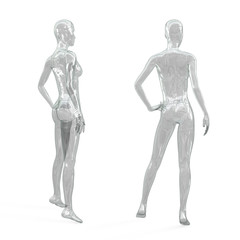 Set of female transparent shiny glass (plastic) mannequin for clothes. Standing female invisible figure. Back and side view. 3d illustration isolated on a white background.