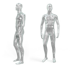 Glass transparent male mannequin. Front and side view. Male invisible figure. 3d illustration isolated on a white background.