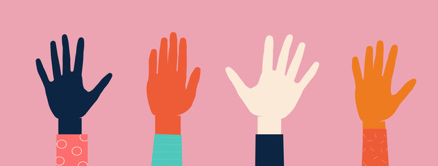 Hands up. international women day banner. Flat design, vector illustration on pink background vector design