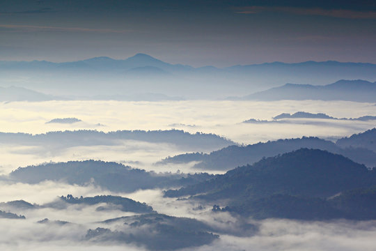 The beauty of the morning mist at Doi Ta Pang Viewpoint in Khao Thalu mountain range, Landmark of Chumphon Province, Thailand