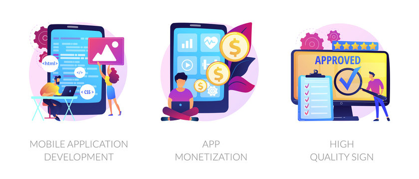 Smartphone software, profit receiving, successful rating icons set. Mobile application development, app monetization, high quality sign metaphors. Vector isolated concept metaphor illustrations