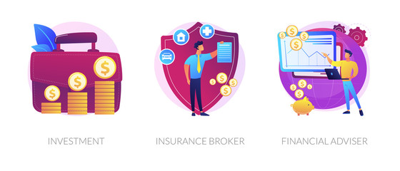 Finances management, economic protection service, professional consulting icons set. Investment, insurance broker, financial adviser metaphors. Vector isolated concept metaphor illustrations - obrazy, fototapety, plakaty