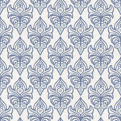 Seamless french fleur de lis medallion pattern . Linen shabby chic style. Hand drawn damask texture. Antique blue  background. Classical wallpaper home decor swatch. Ornate flourish all over print  © Limolida Studio