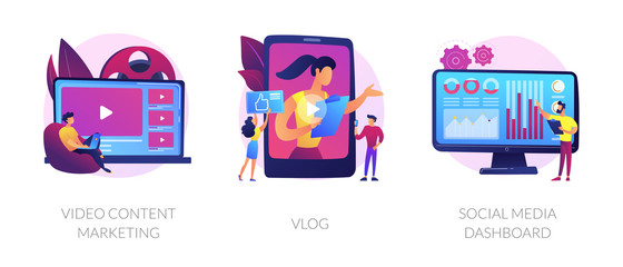 Digital advertising business, online streaming, user statistics analysis icons set. Video content marketing, vlog, social media dashboard metaphors. Vector isolated concept metaphor illustrations