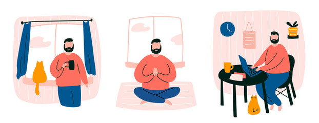 Vector illustration with stay home concept. Cute kawaii man drinking tea, doing yoga and working home with litte cat. Coronavirus prevention with self quarantine design in doodle style