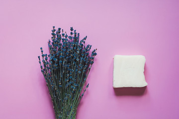 Handmade Soap with dried lavender. Copy space text. 
