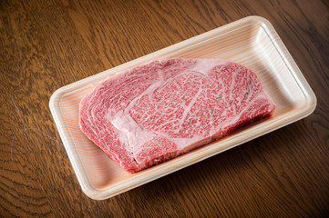 japanese wagyu ribeye beef in plastic tray