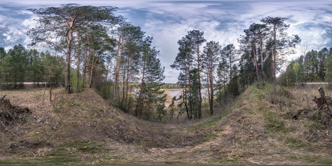 Fototapeta na wymiar full seamless spherical hdri panorama 360 degrees angle view on high coast of wide river in pinery forest in spring day in equirectangular projection, ready for AR VR virtual reality content