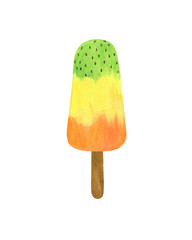 Colorful three-colored ice cream popsicle fruity frozen juice on a wooden stick watercolor food illustration, sweet simple dessert for summer or holiday design, hand drawn isolated on the white backgr