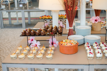 The catering wedding buffet. Wedding reception dessert table with delicious decorated white cupcakes with berries closeup.
