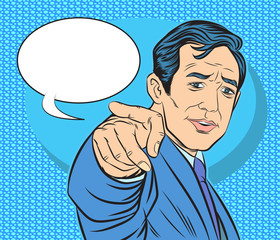 The business man is pointing his finger. pop art retro vector illustration