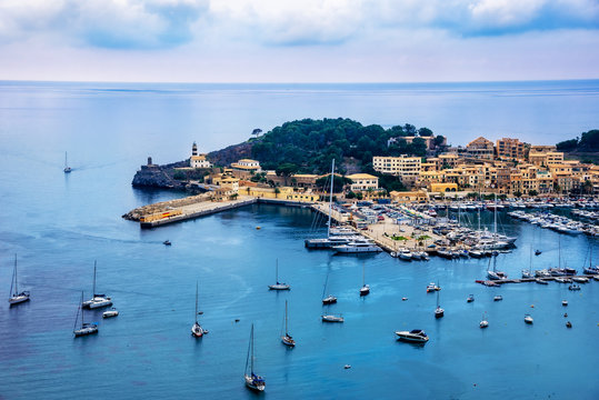 Aerial view of the famous Port de Soller on Majorca island in Spain