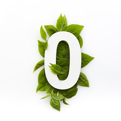 Number zero with green leaves. Minimal summer concept. Flat lay.