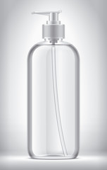 Bottle on background. Glossy surface, transparent, white cap version. 