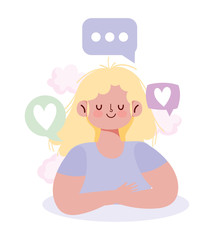 people communication and technology, young woman talk bubbles love feelings