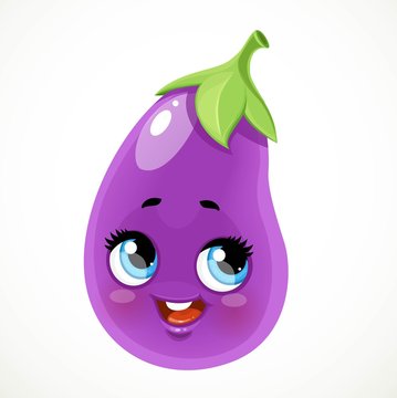 Cute Little Emoji Ripe Eggplant Isolated On White Background