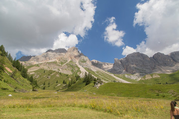 Obraz premium fuciade Passo San Pellegrino. Landescape of the San Pellegrino Pass, Val di Fassa, Trentino Alto Adige, Italy. The idyllic valley of Fuciade, near Passo San Pellegrino in the Dolomites