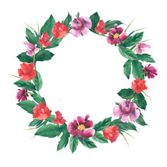 watercolour wreath of purple peony and red roses,  can be used for  DIY progects, greeting letter, .announcements and post cards, templates.