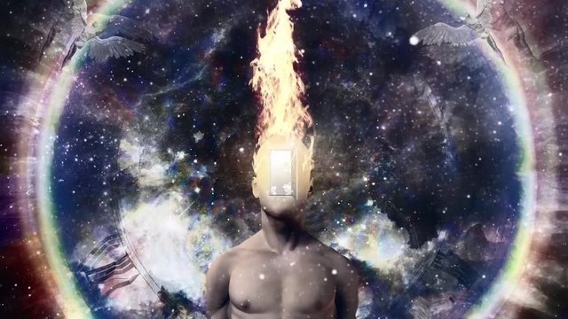 Surreal art. Man with door in burning face. Angels flies around