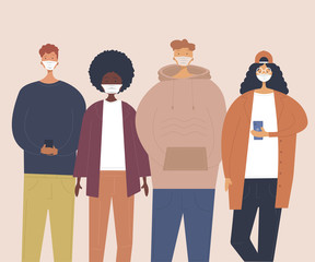 Young people protecting from coronavirus infection.Teenage characters group in prevention masks. Coronavirus control concept. Flat cartoon vector illustration.
